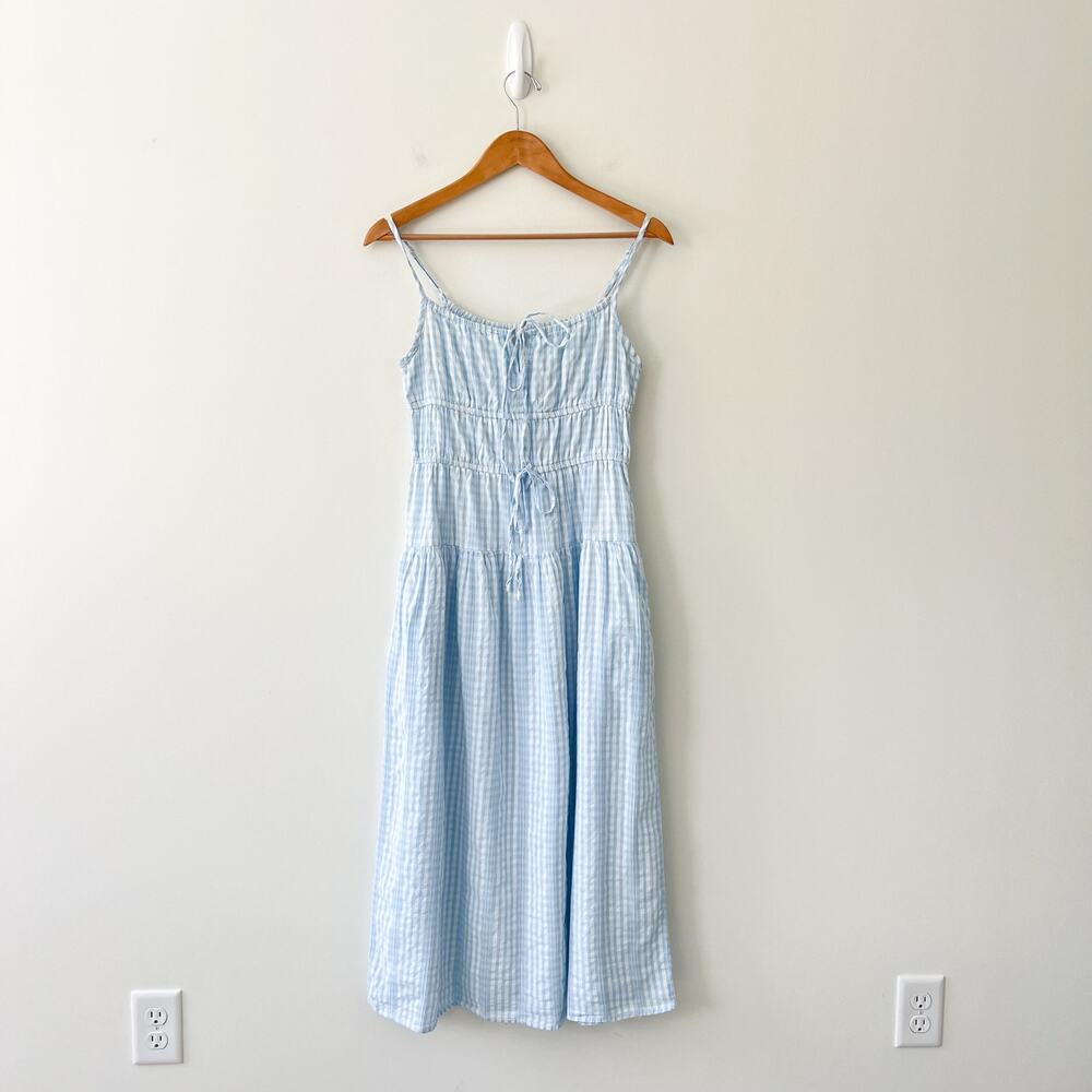 Sim & Sam Blue White Gingham Smocked Double Bow Tie Midi Dress Size Medium - Picture 2 of 12